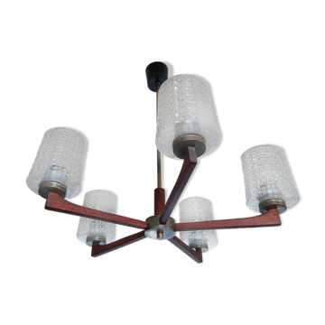 Chandelier with 5 branches in teak and brass, Scandinavian design.