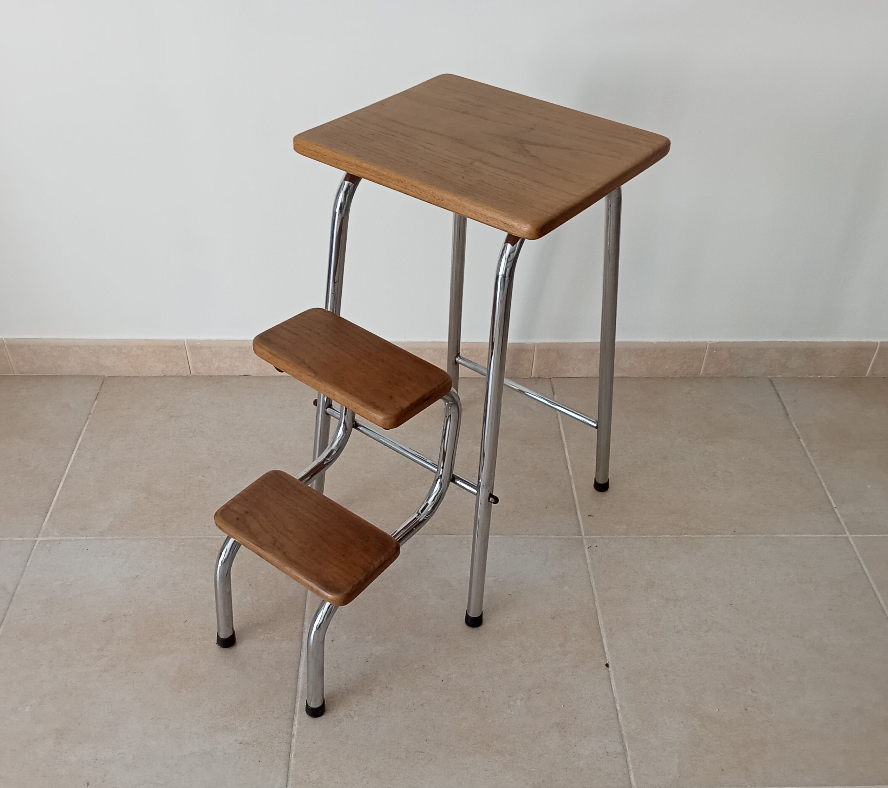 Stepladder stool vintage chrome and solid oak 60/70s