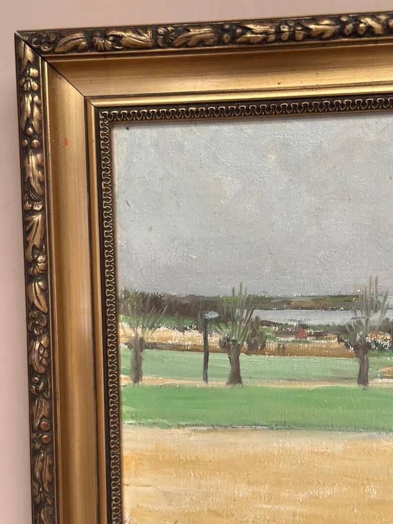 Original Swedish Oil on Panel – “Red Cottages” by Unknown Artist– Signed – Vintage & Framed – 48 × 40 cm (18.8" × 15.7")