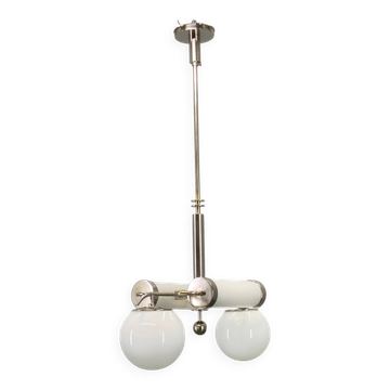 Chandelier en chrome Bauhaus exceptionnel avec abat-jours en verre, années 1930