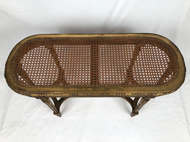 Louis XVI style piano bench, dark gilded cane wood