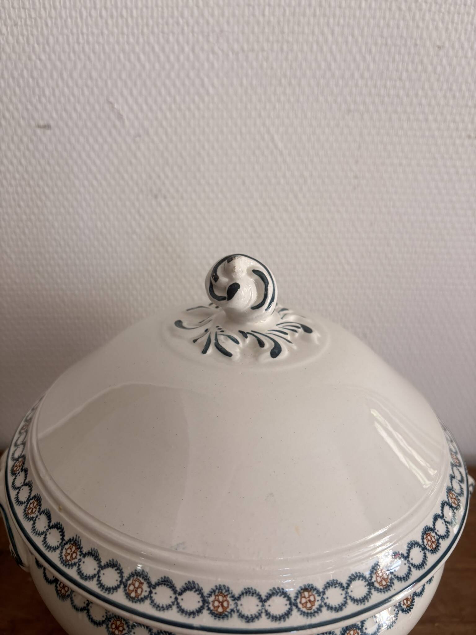Antique Soup Tureen Vegetable Dish Faience Longwy Henri II Style Geometric Frieze