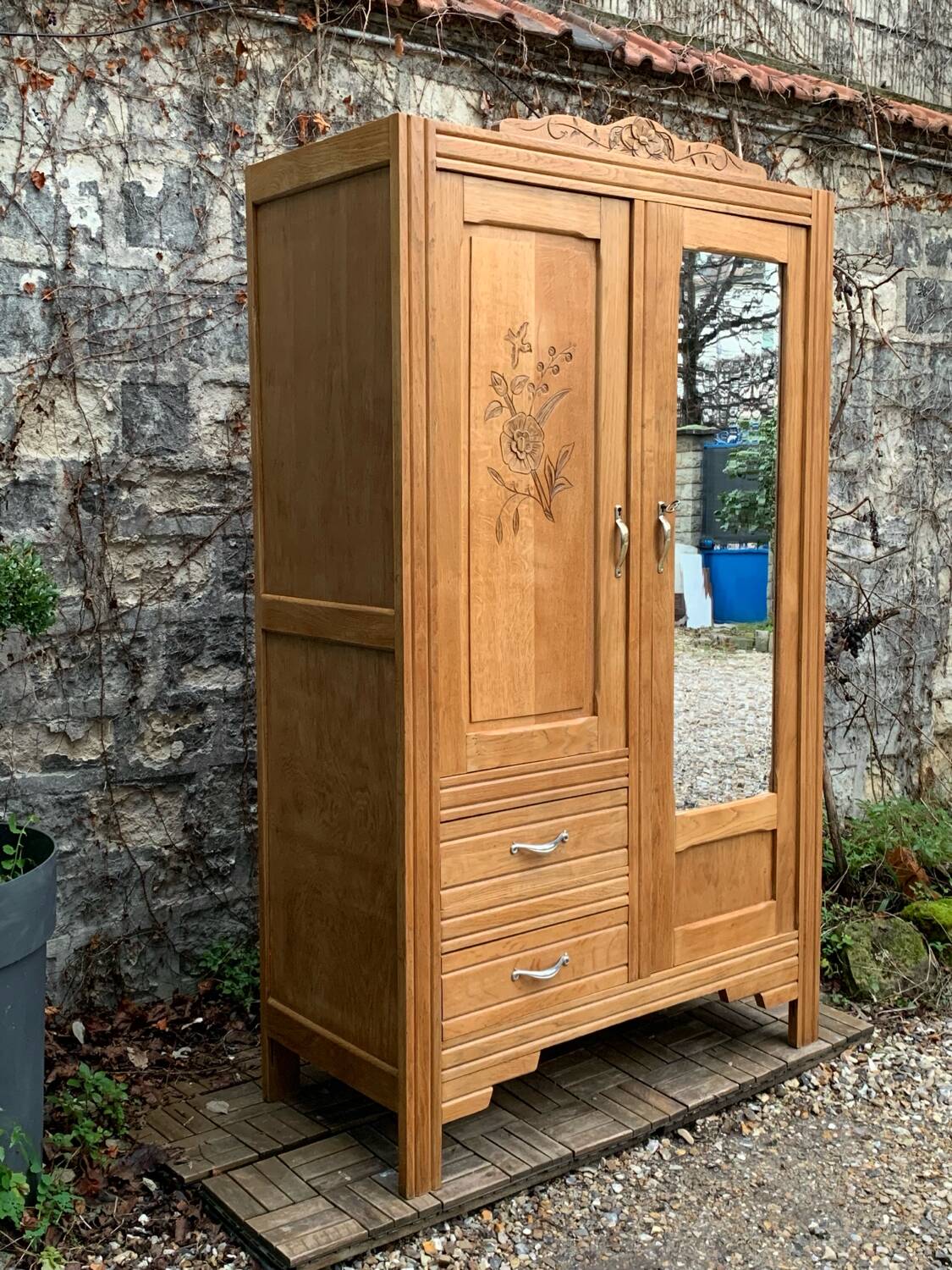 Parisian art deco hotel wardrobe in solid raw oak 1930