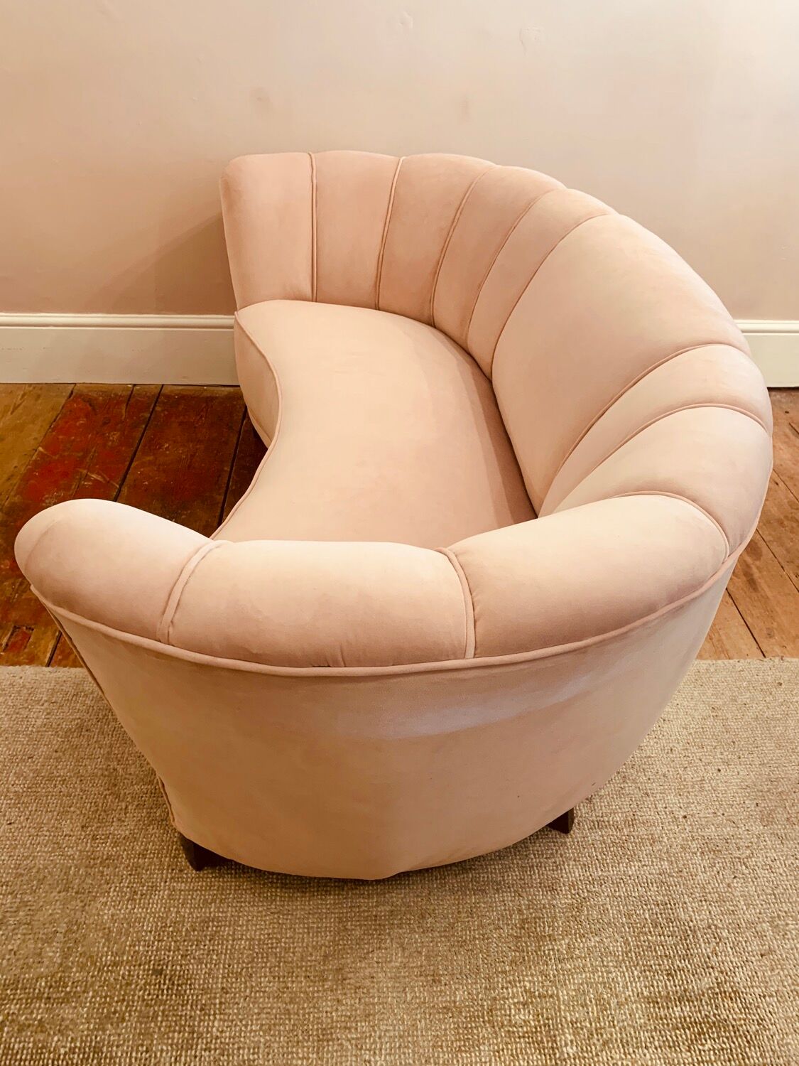 1940s Danish Banana Shaped Scalloped Sofa in Blush Pink