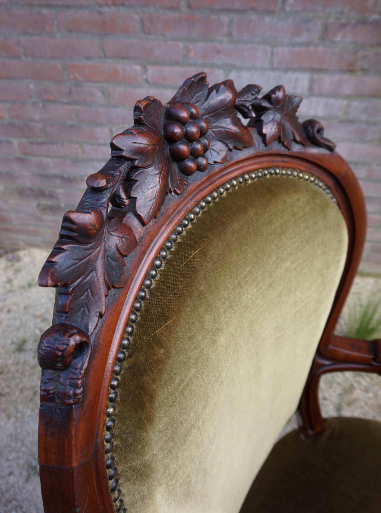 Mahogany Napoleon III Armchair with Carved Grapes  Decoration on Top, 1870s