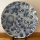 Old slightly hollow dish barbotine blue fruit Sarreguemines