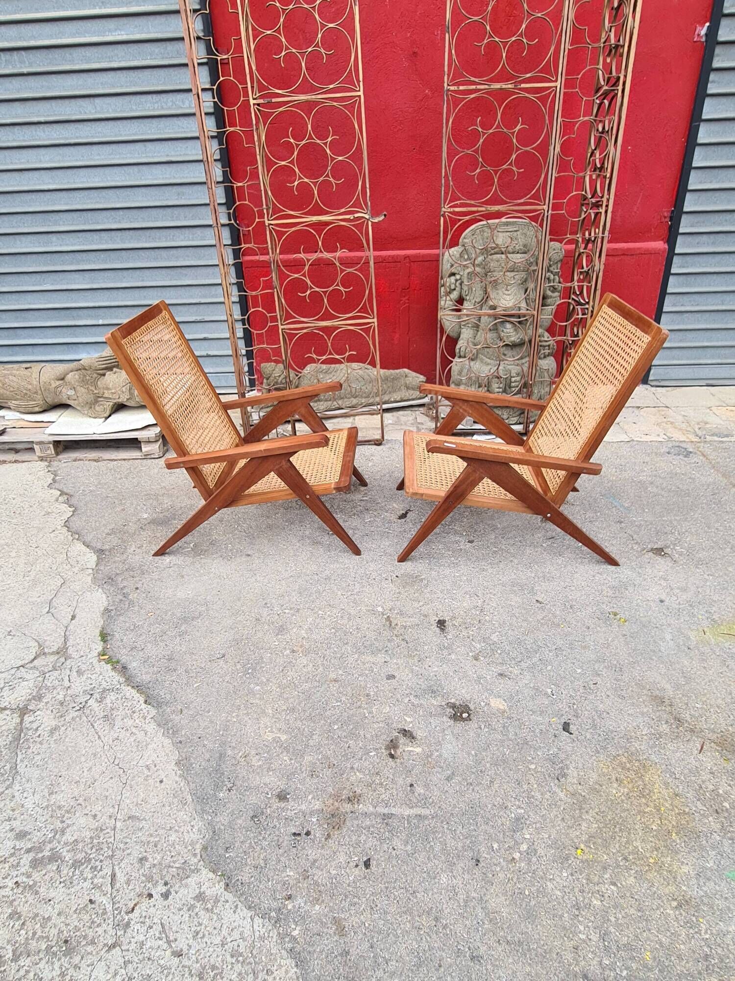 Pair of compass foot armchairs in solid mahogany and cannage 50s