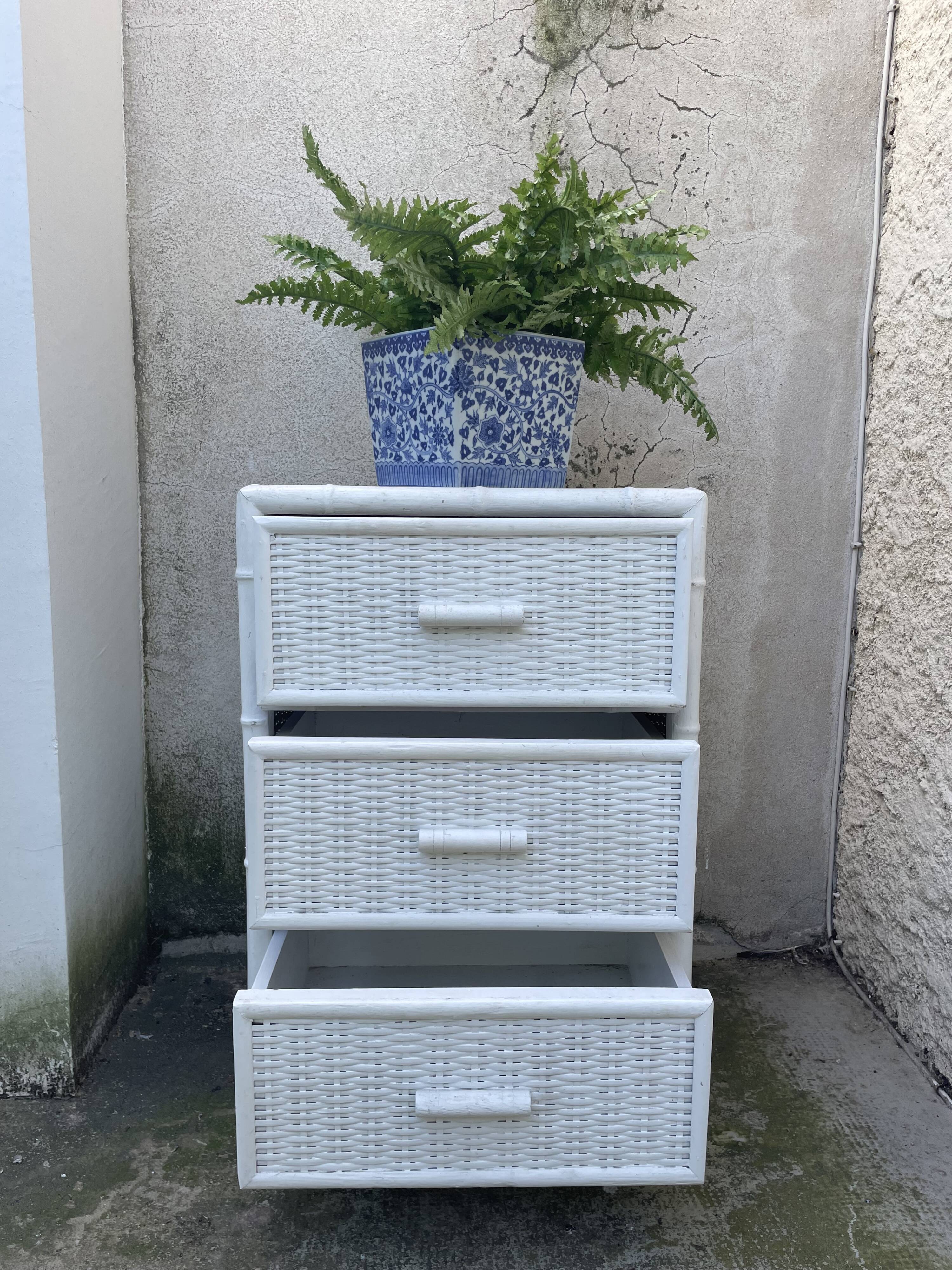 small white rattan cabinet 3 drawers