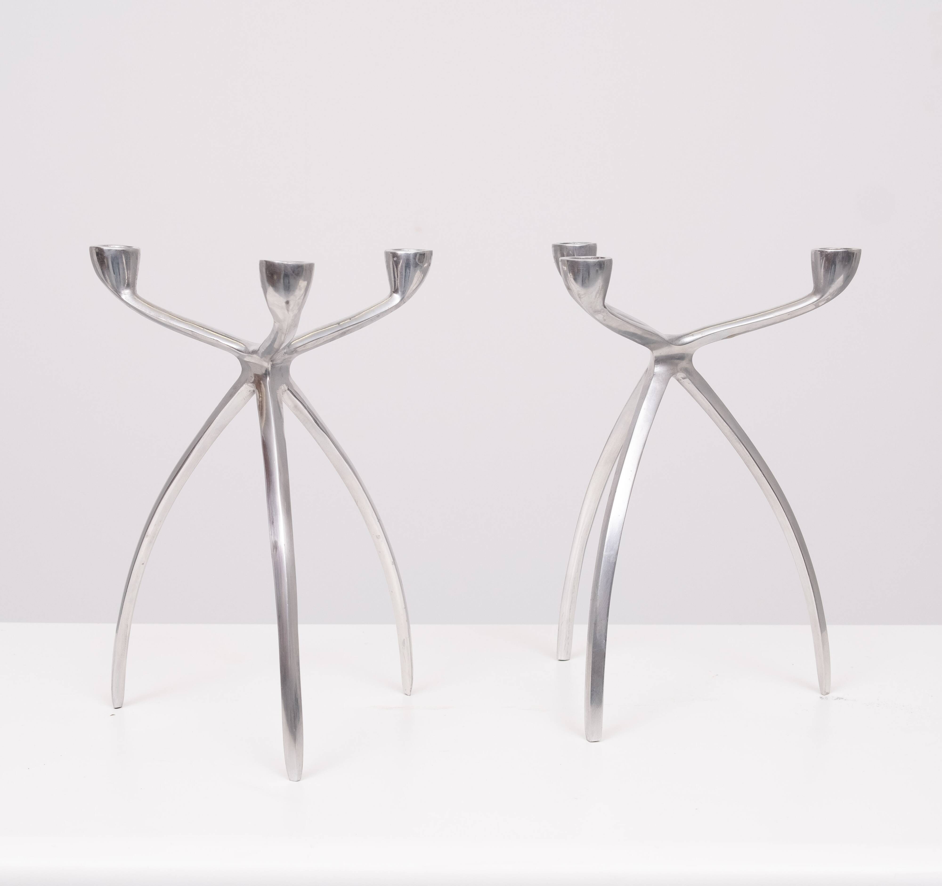 Pair aluminum 3 arms spider candle sticks de bijenkorf 1970s