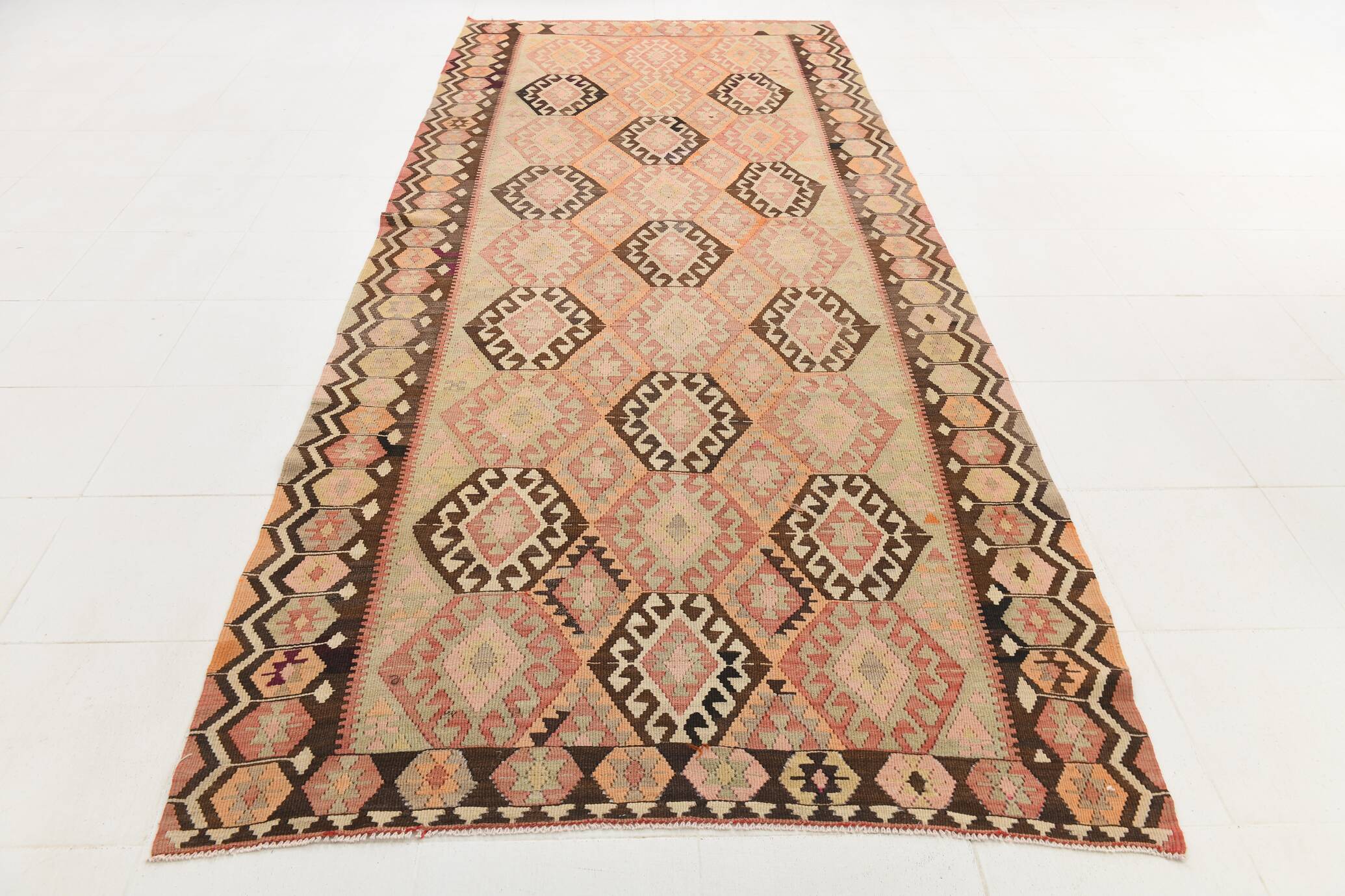 Turkish Vintage Kilim Rug: Shades Of Red Brown Handmade Wool Rug 160x417Cm
