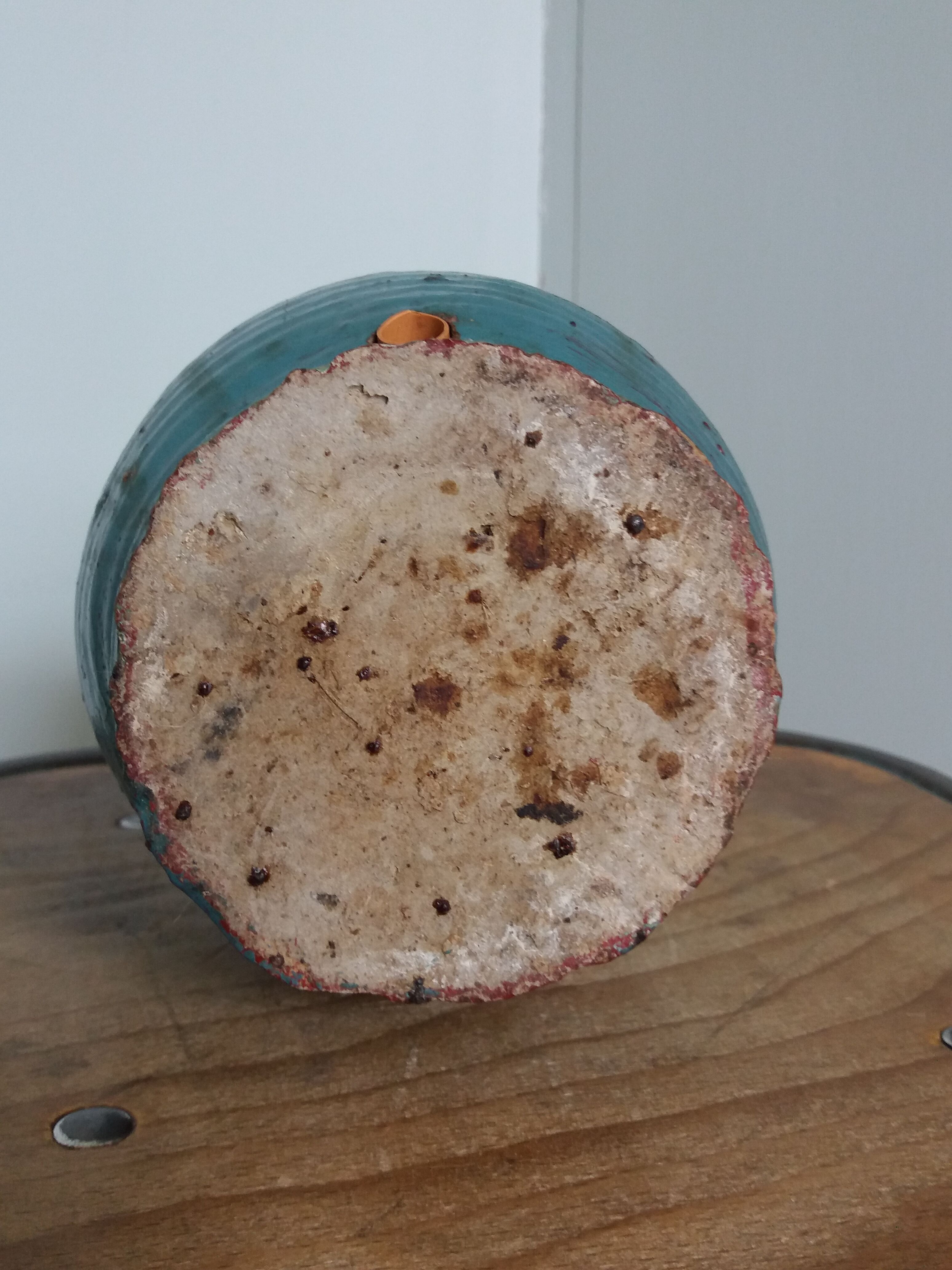 Sandstone pitcher painted in turquoise, very old pottery