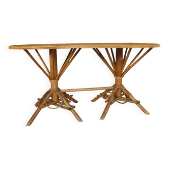 woven rattan and chestnut table