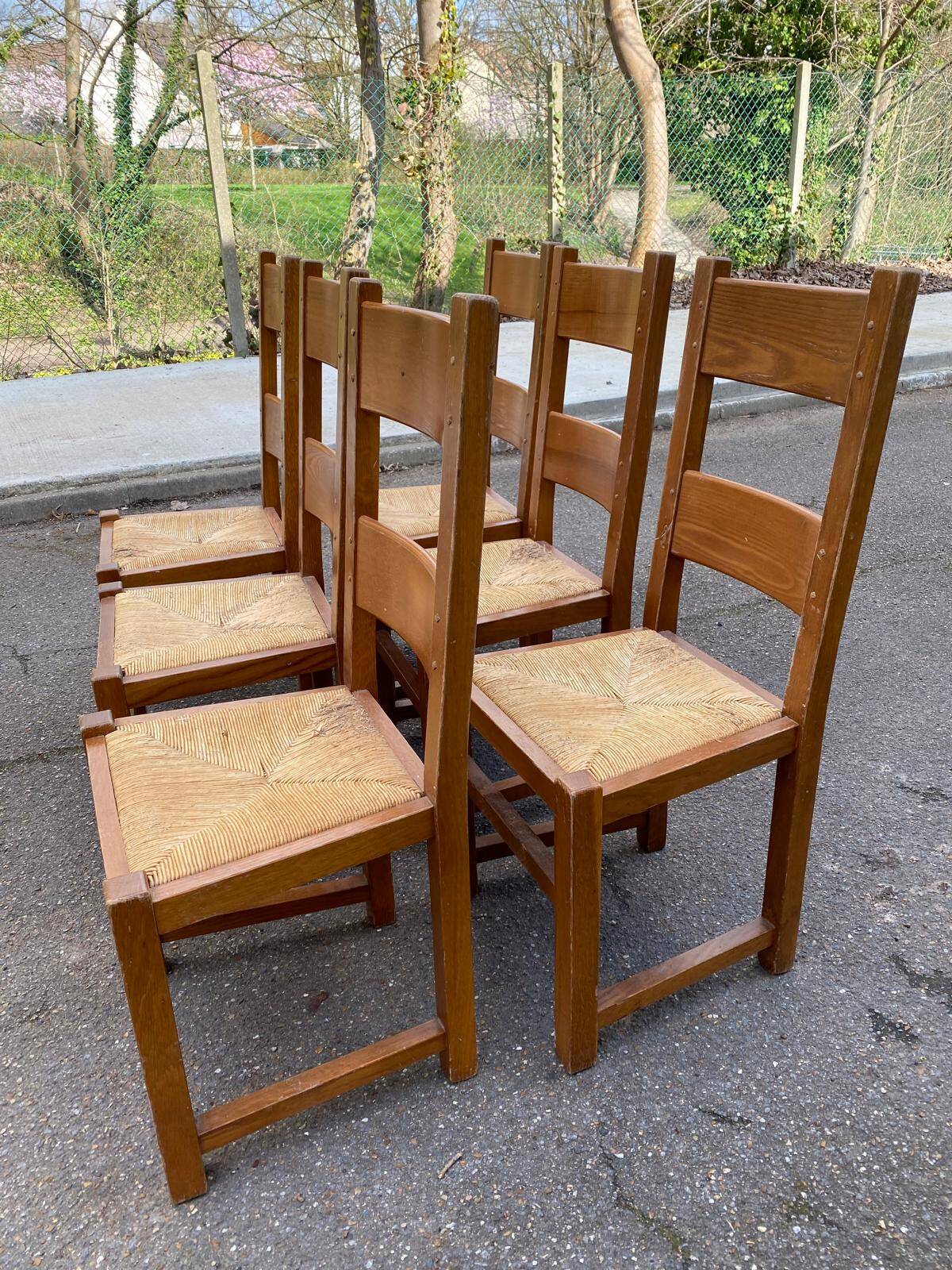 6 solid oak dining chairs with straw seats, farmhouse style