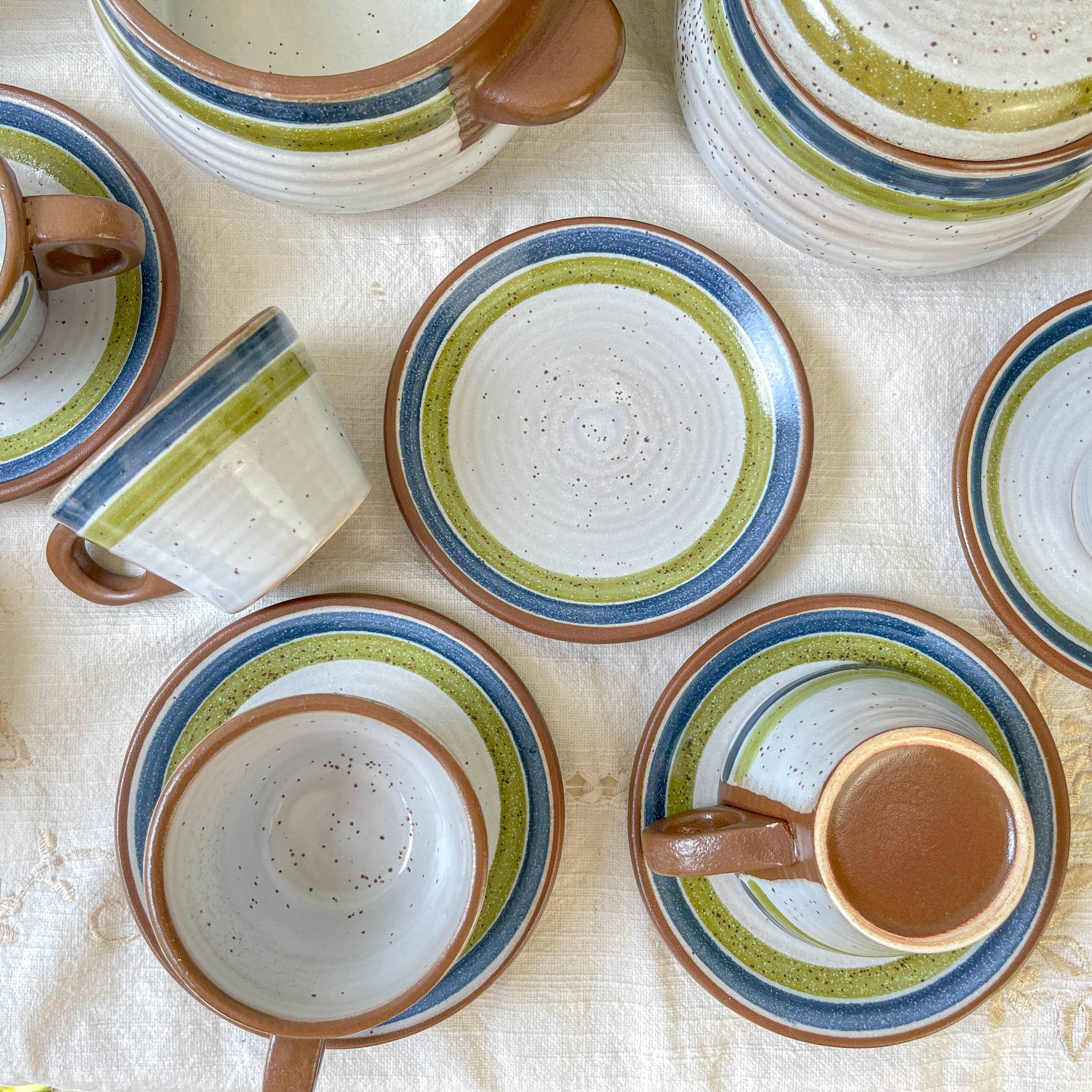 Vintage 1950s speckled stoneware coffee set with grey, green, and blue stripes