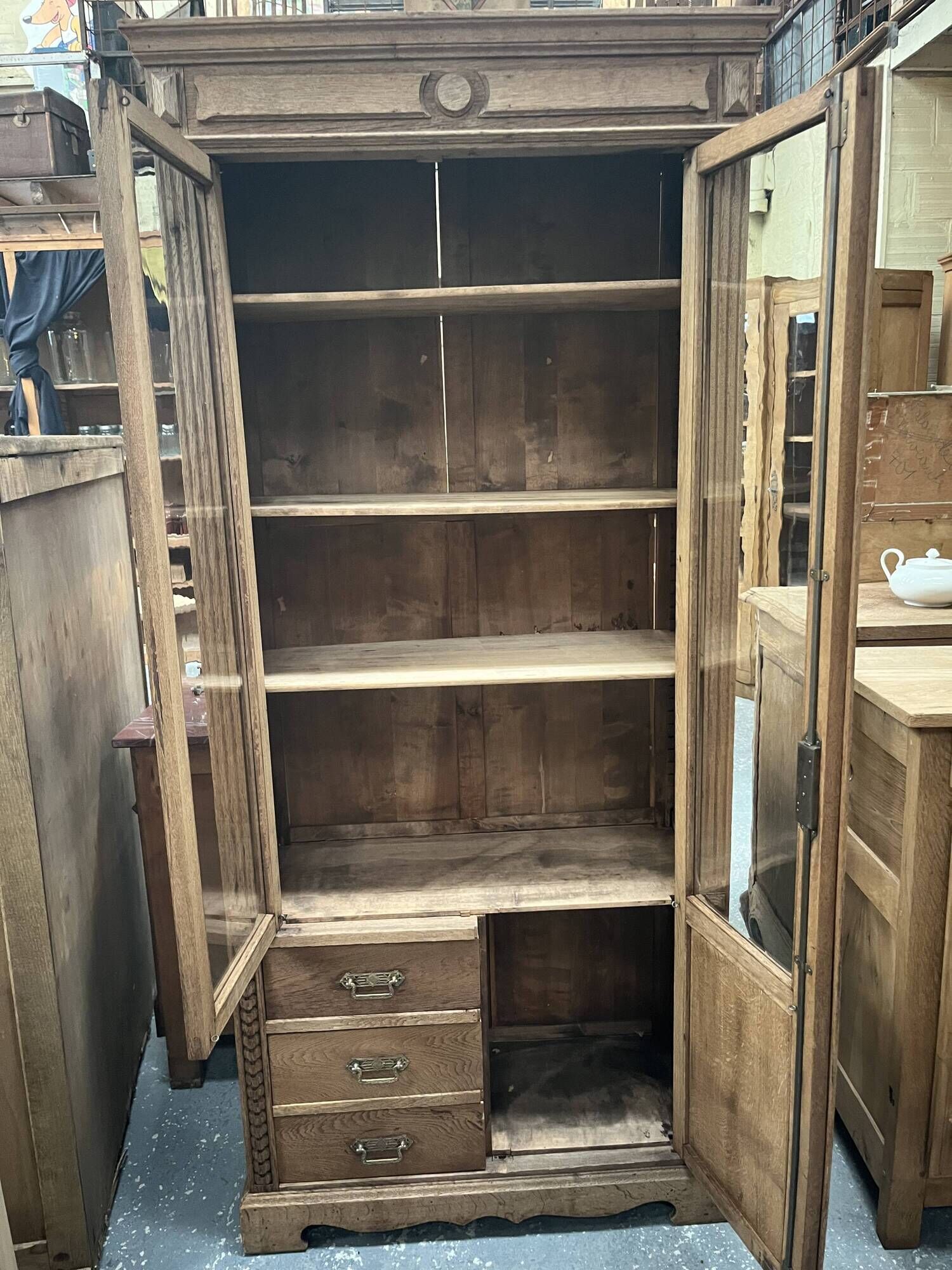 small oak display cabinet, 3 drawers