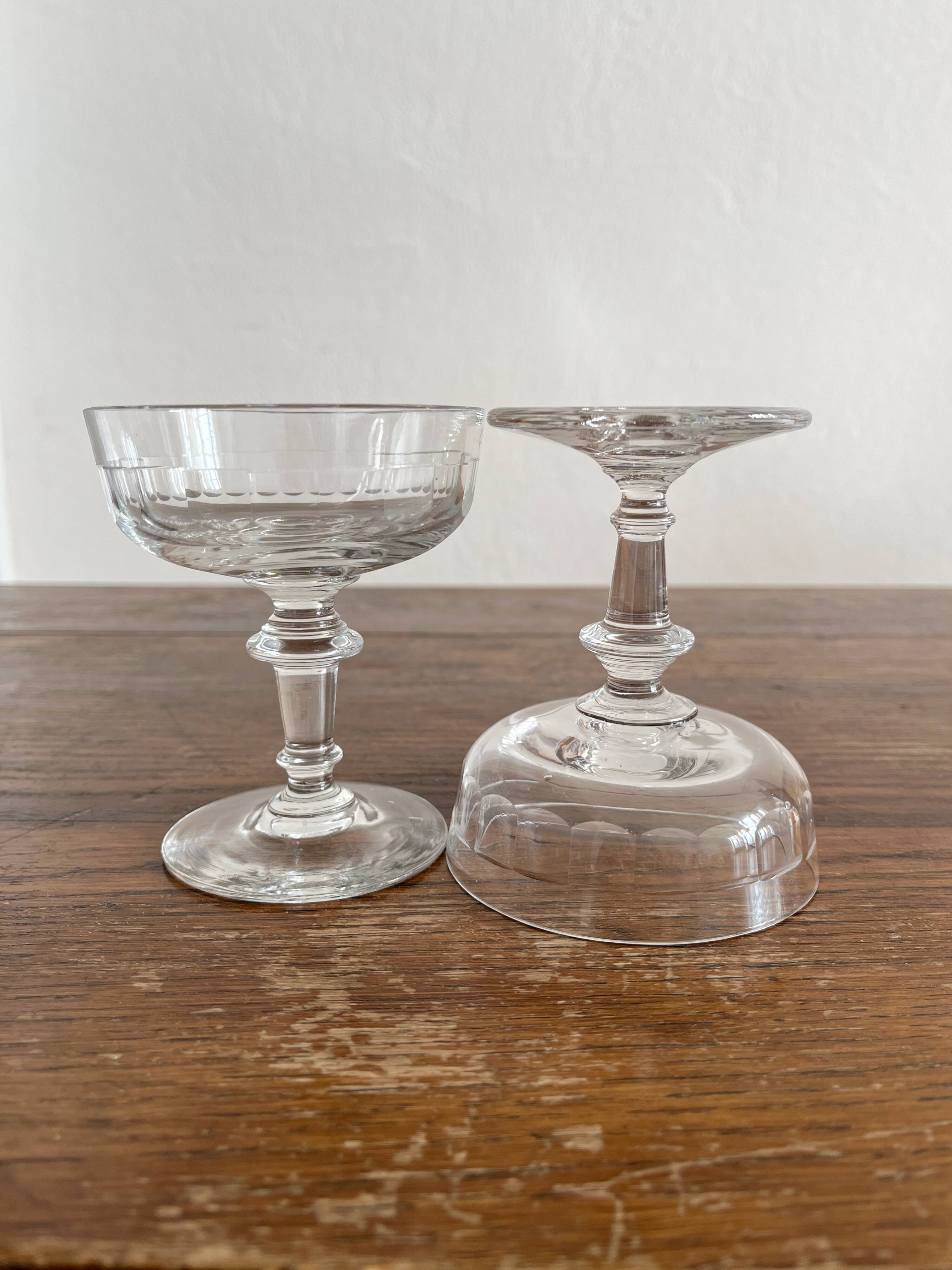 2 antique 19th-century blown glass champagne coupes with flat sides