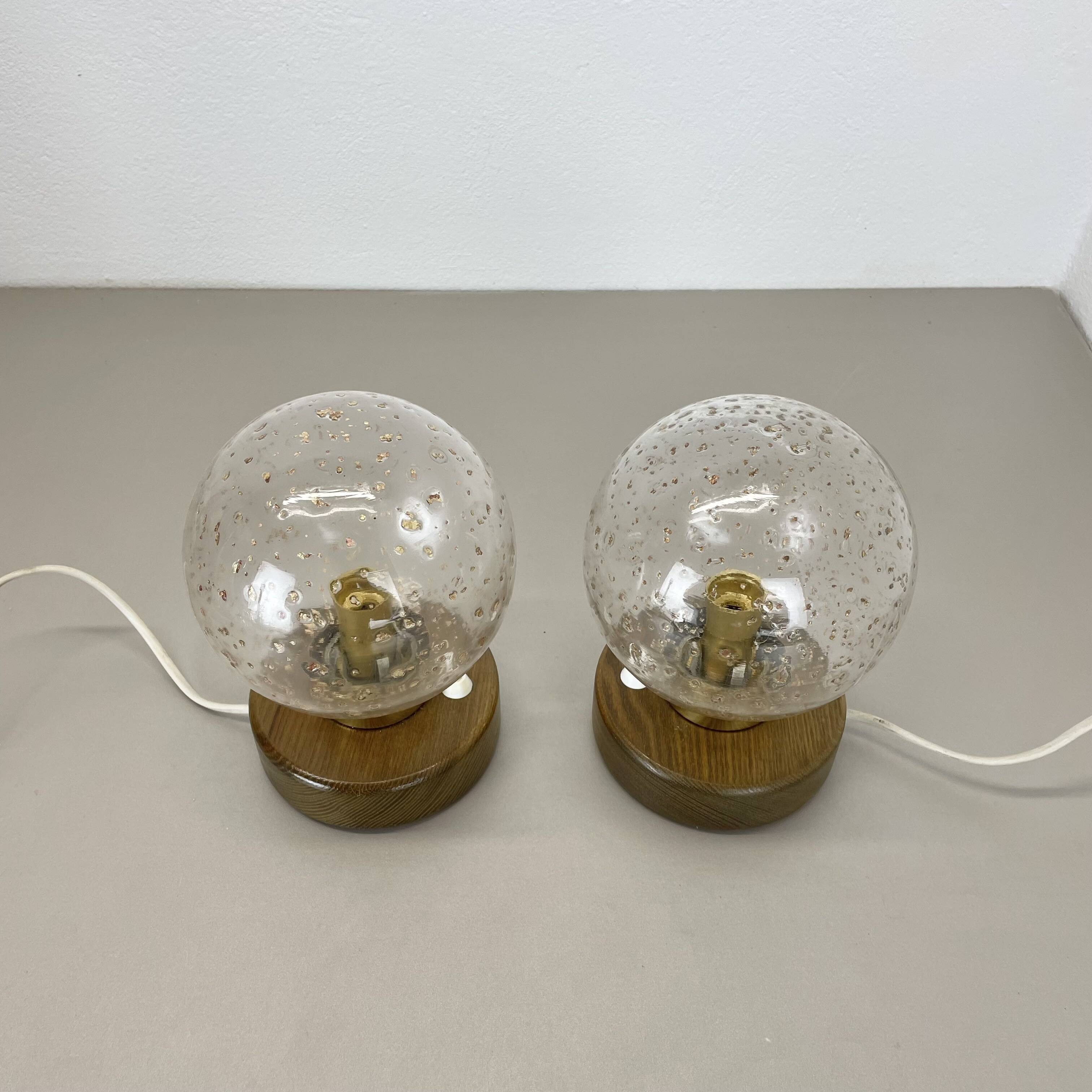 Set of 2 glass ball and oak Wooden Table Lights by Temde Lights, Germany 19