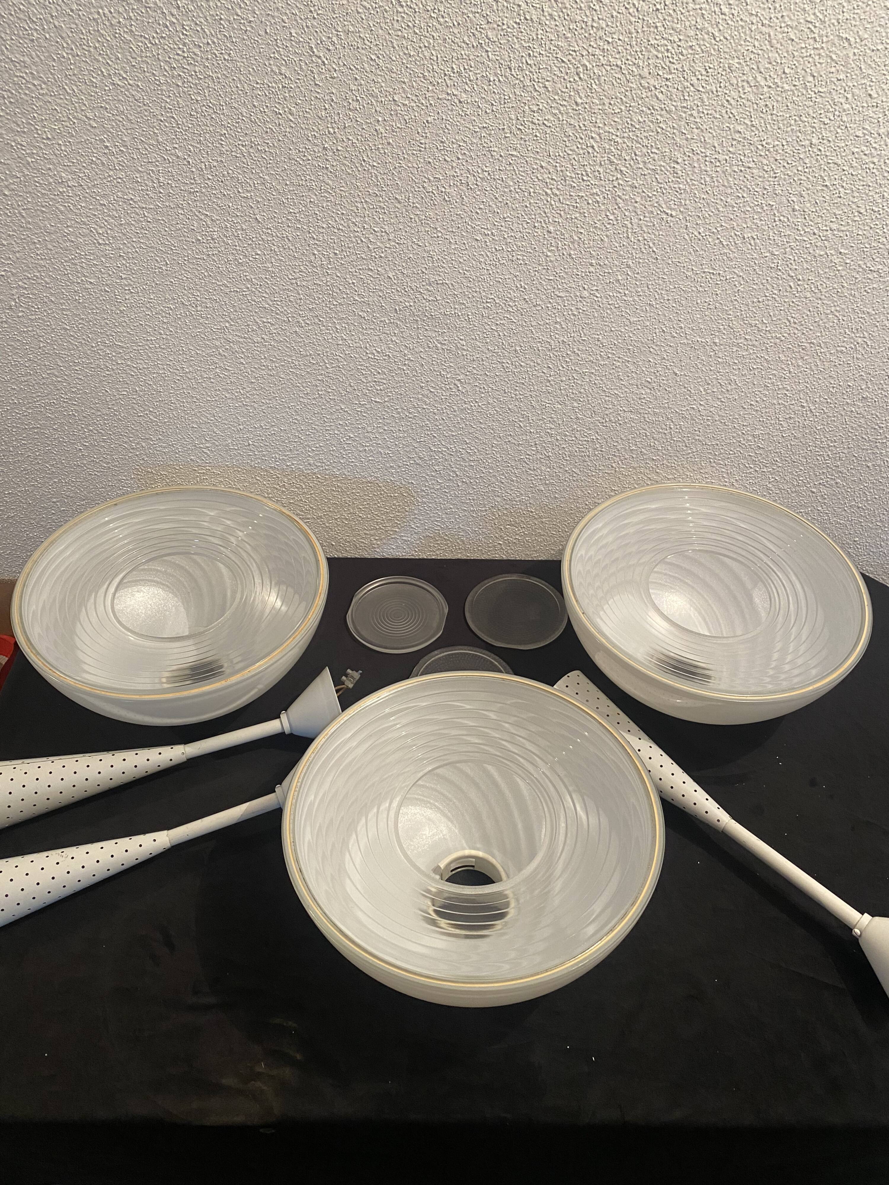 Lot de 3 lampes metal et verre holophane design année 70