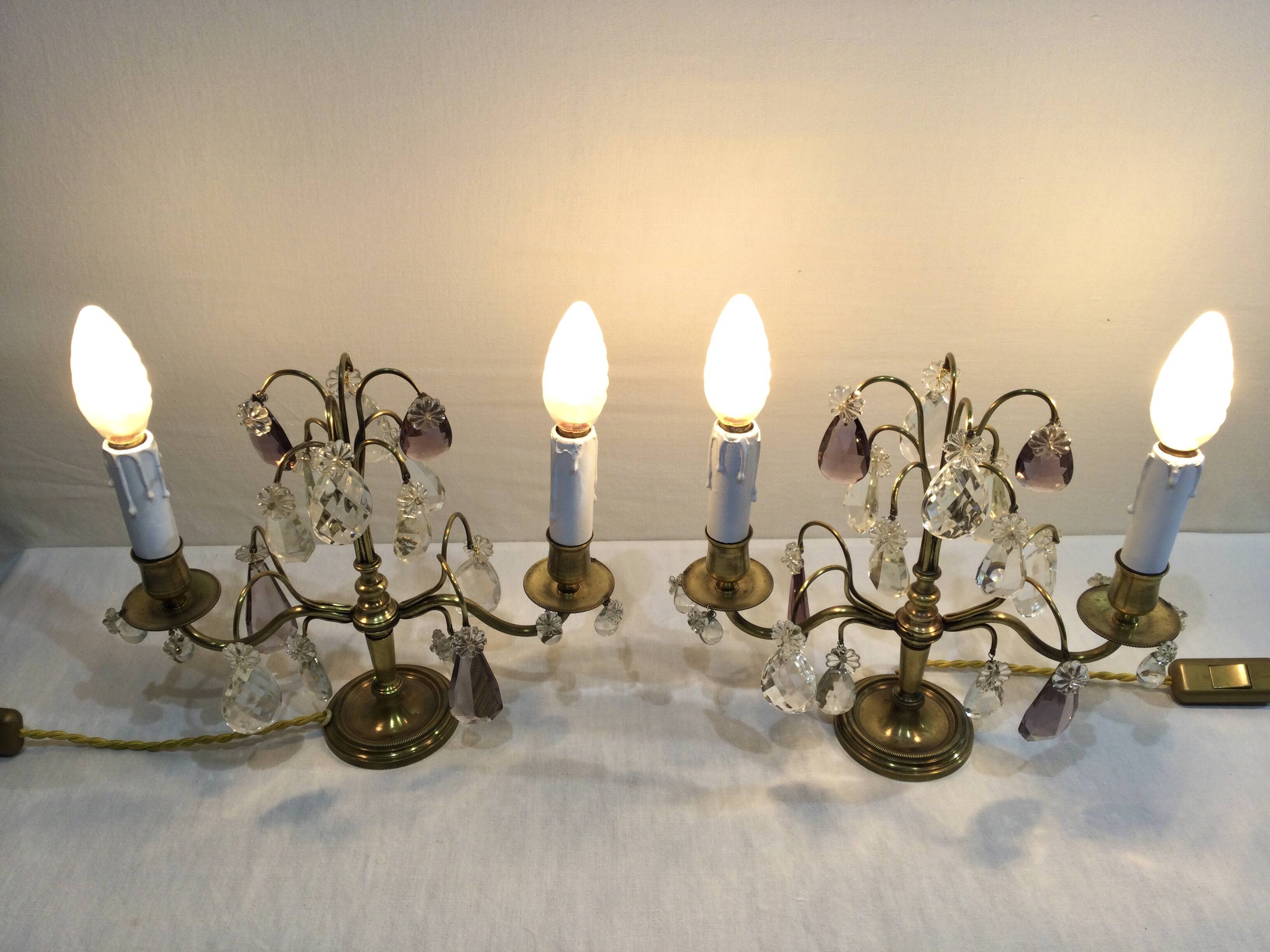 Pair of girandole lamps in bronze and crystal