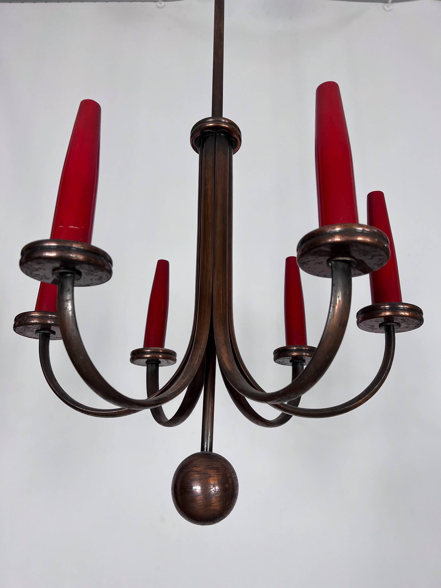 Mid-Century Modern six arms copper chandelier in Gio Ponti style. Italy 195