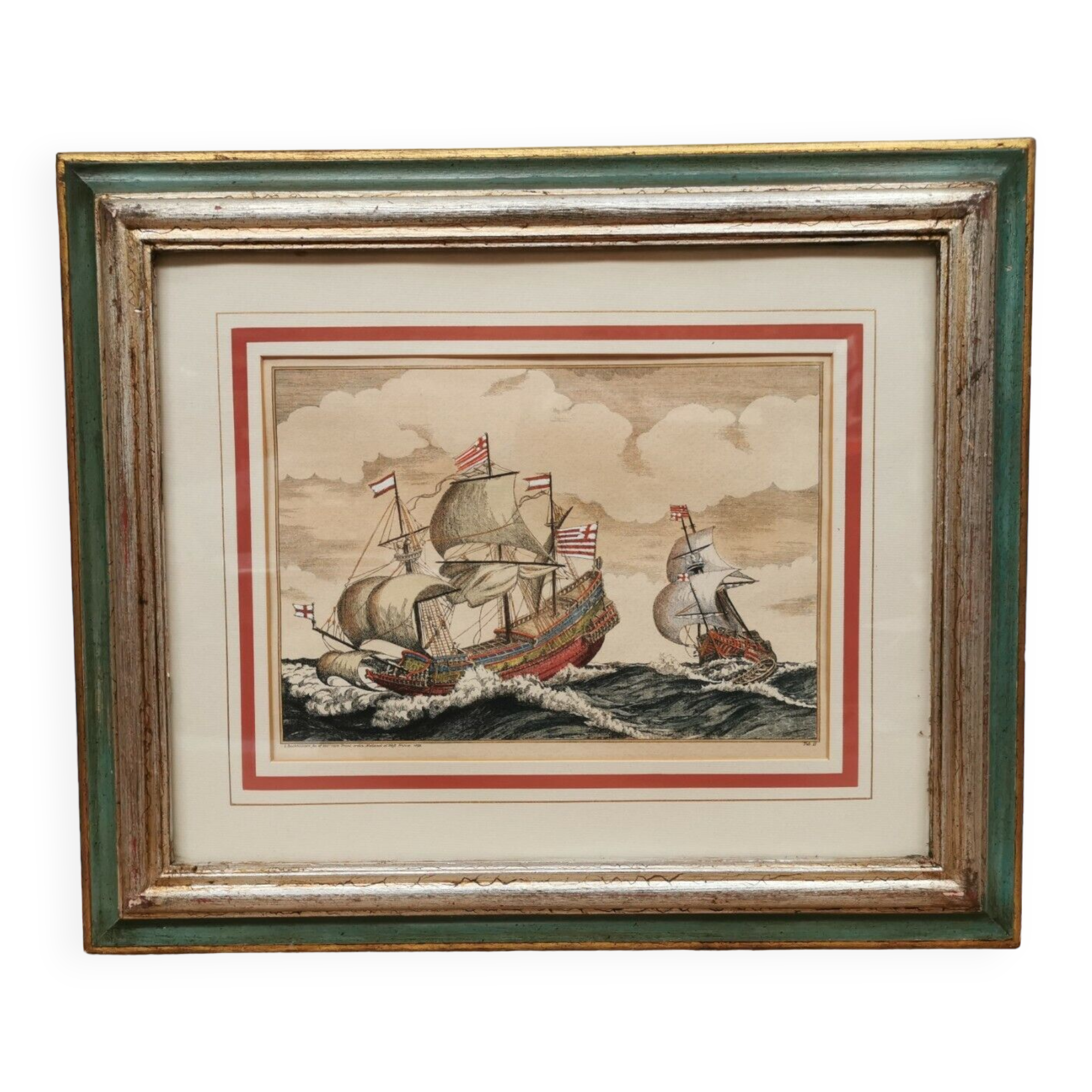 Beautiful setting marine boats ships galions, litho. holland 1672