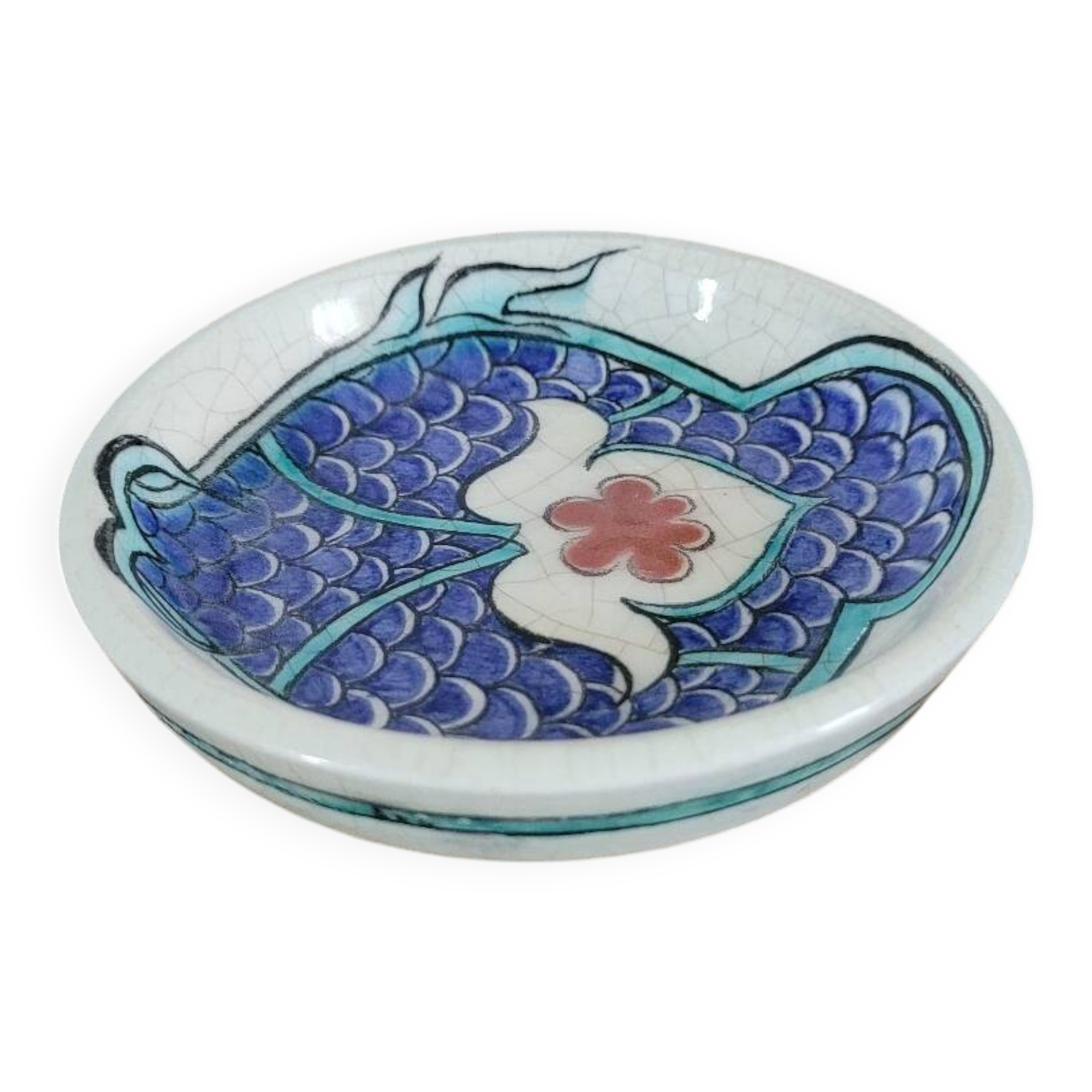 Small glazed stoneware bowl with a fish design