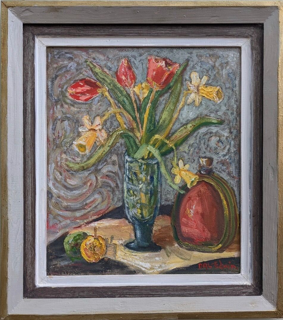 Mid-Century Modern "Still Life with Tulips" Swedish Vintage Expressionist Still Life Oil Painting, F
