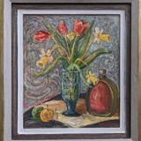 Mid-Century Modern "Still Life with Tulips" Swedish Vintage Expressionist Still Life Oil Painting, F