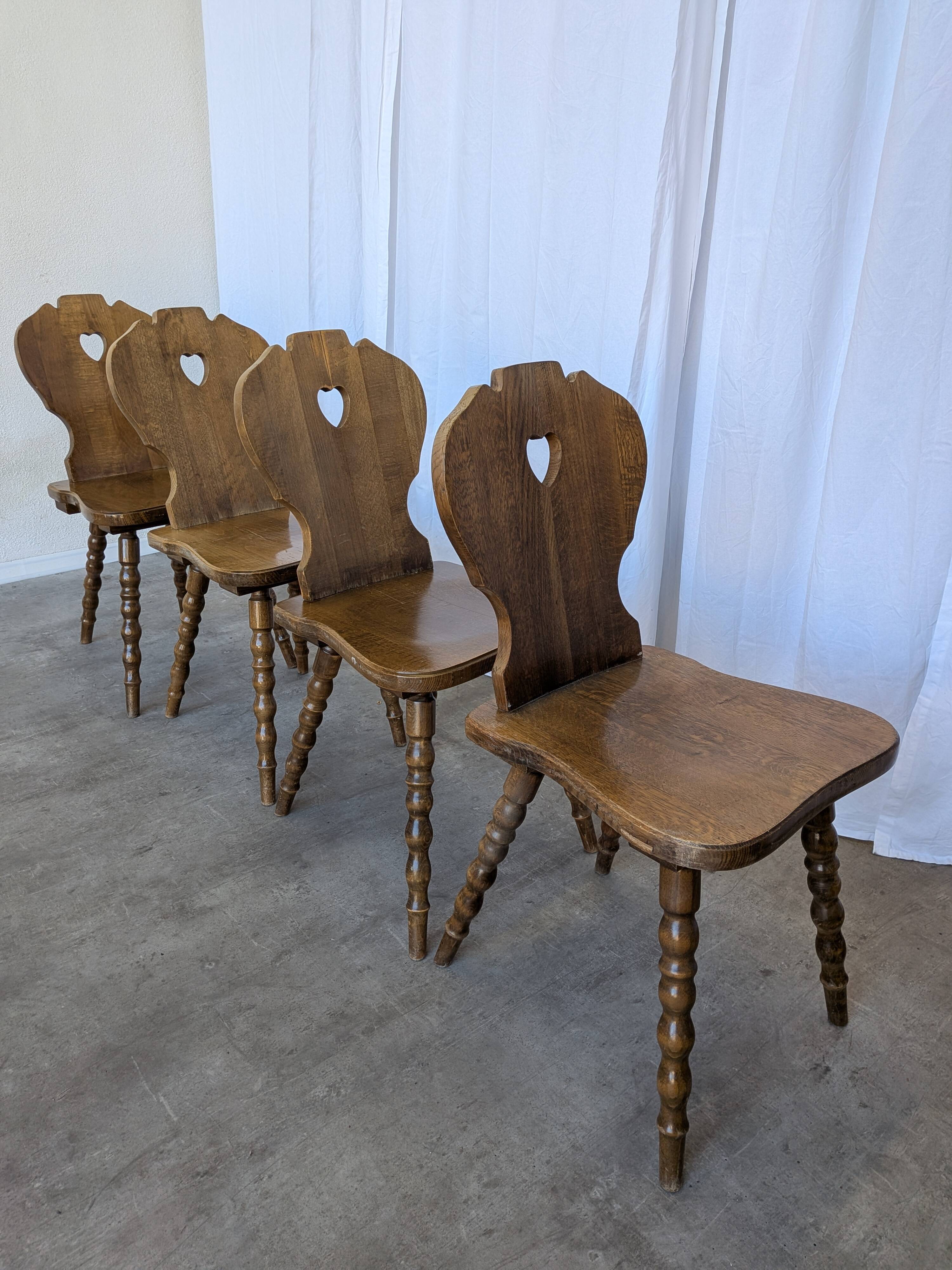 Set of 4 Vintage Tyrolean Heart Cutout Wooden Dining Chairs