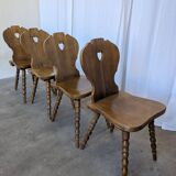 Set of 4 Vintage Tyrolean Heart Cutout Wooden Dining Chairs