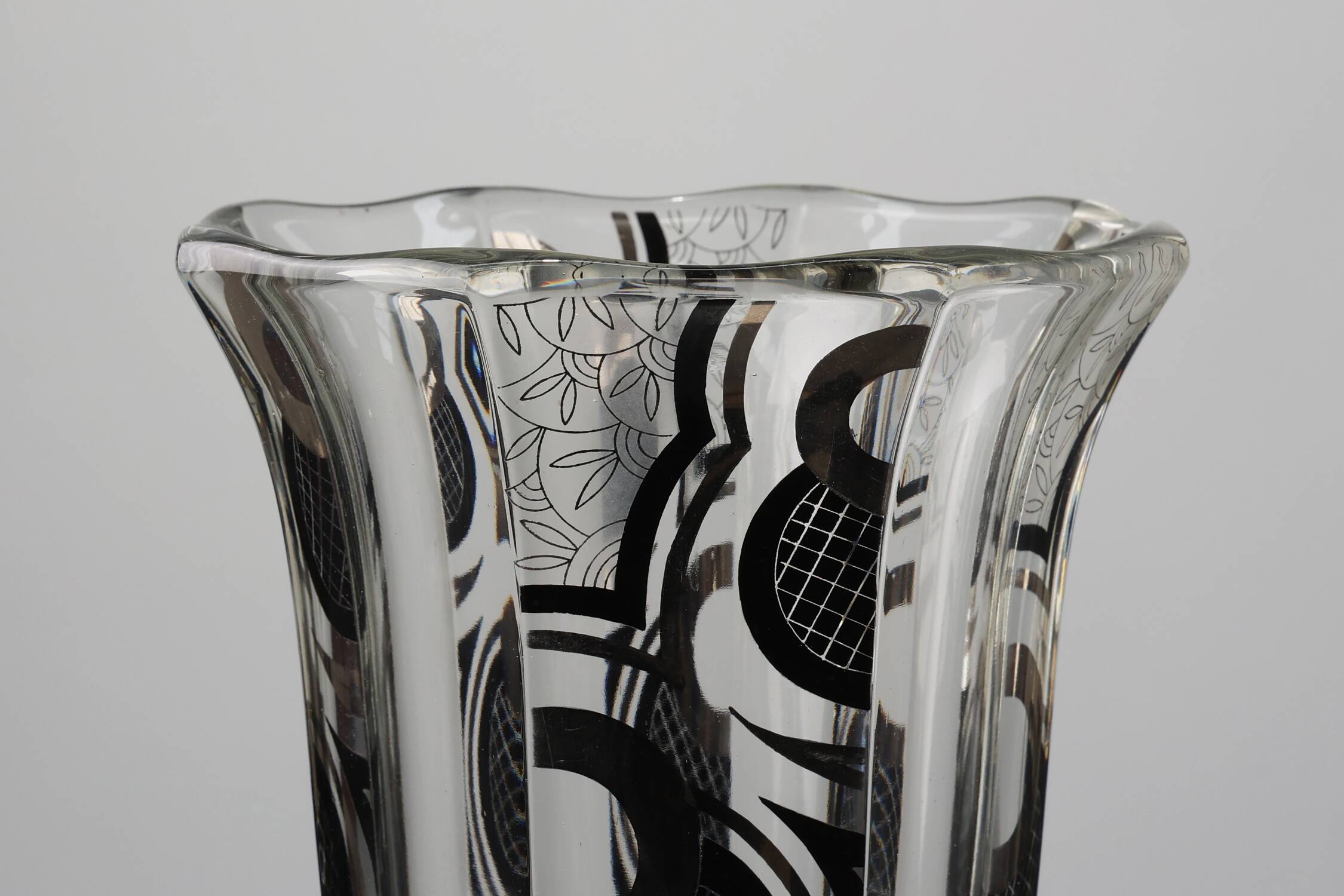 Art Deco Glass Vase with Black Graphic Decoration, France, circa 1940