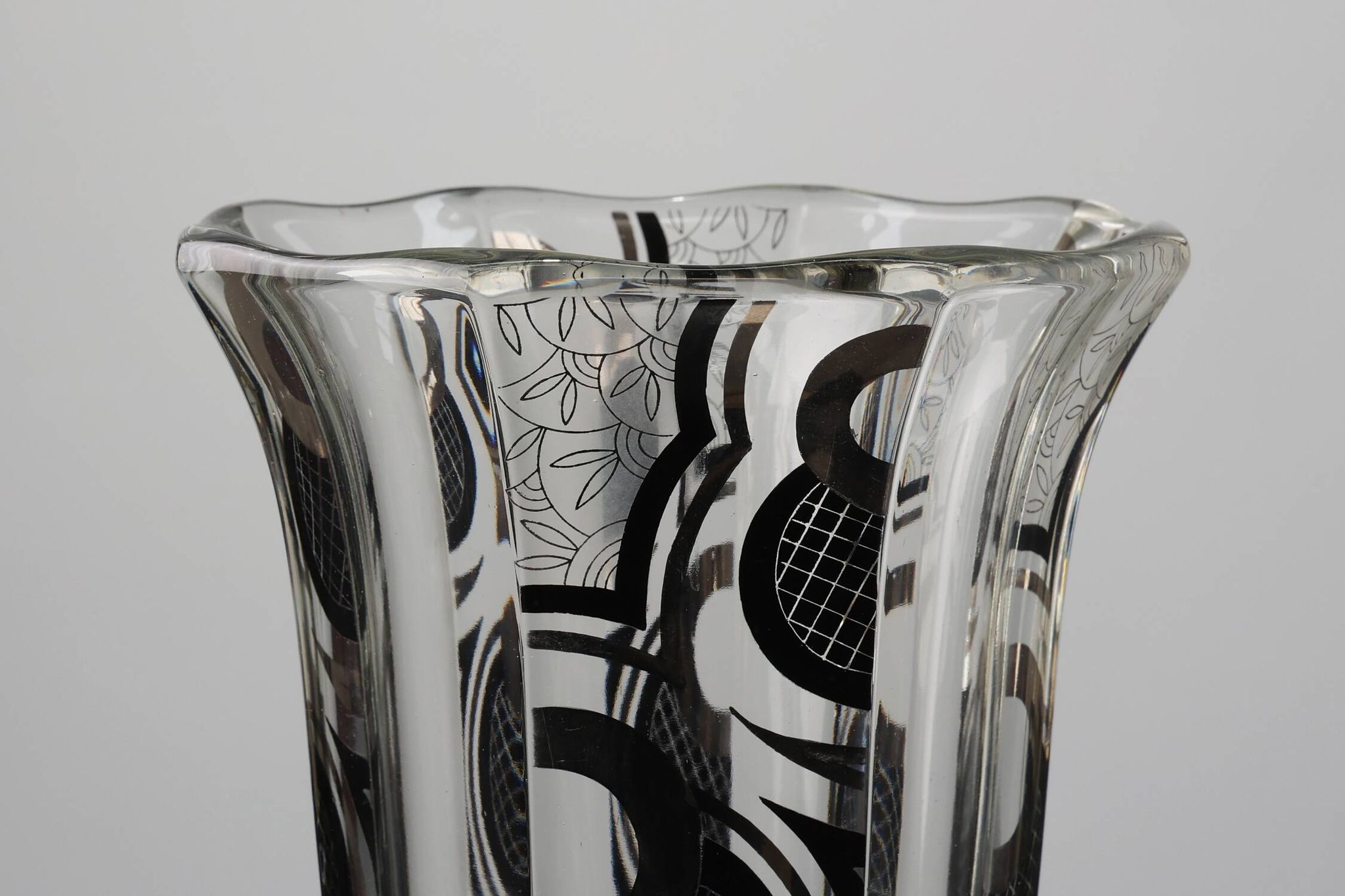 Art Deco Glass Vase with Black Graphic Decoration, France, circa 1940