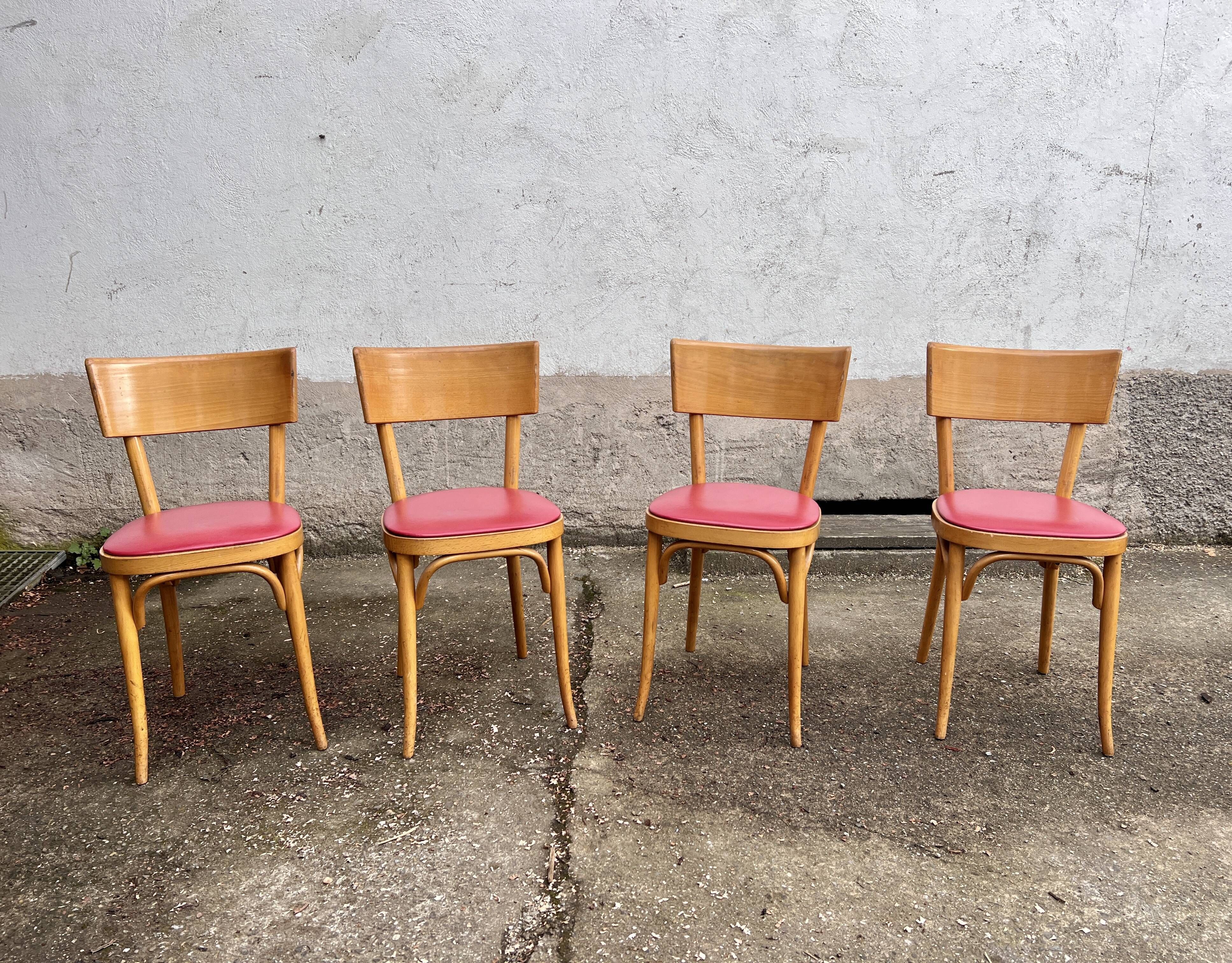 Lot of 4 baumann chairs bistrot parisian barter beech wood and red skaï