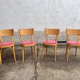 Lot of 4 baumann chairs bistrot parisian barter beech wood and red skaï
