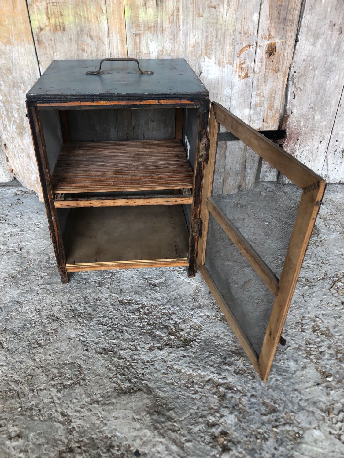 Old wooden pantry cabinet and mesh & vintage metal handle