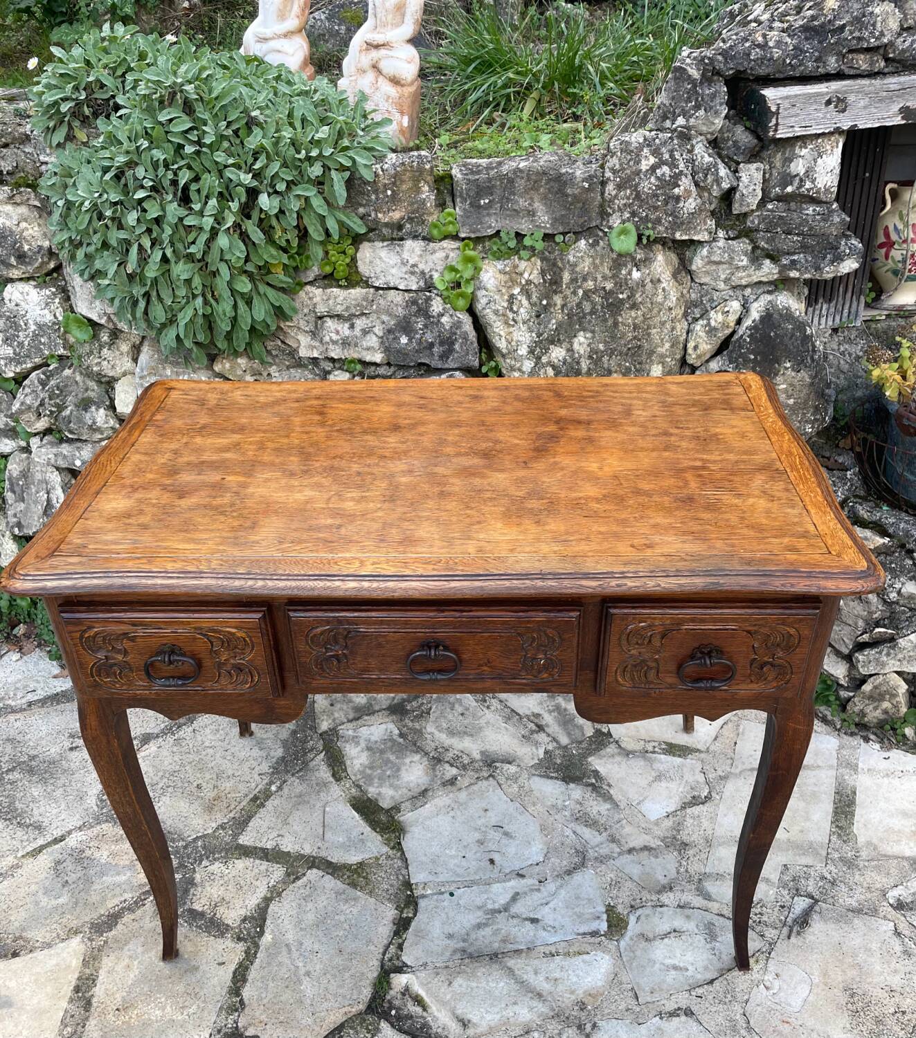 Louis XV style carved solid oak writing table, 19th century