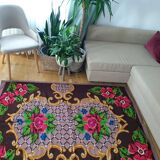 Boho chic Romanian carpet made by hand in wool, floral boho, lavender background with pink flowers 146x186cm