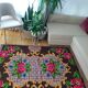Boho chic Romanian carpet made by hand in wool, floral boho, lavender background with pink flowers 146x186cm