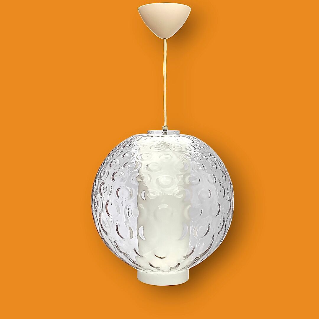 Spherical pendant light in bubbled and opaque blown glass