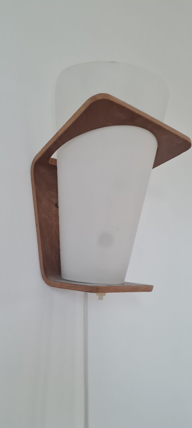 Pair of Louis Kalff frosted wood and opaline sconces