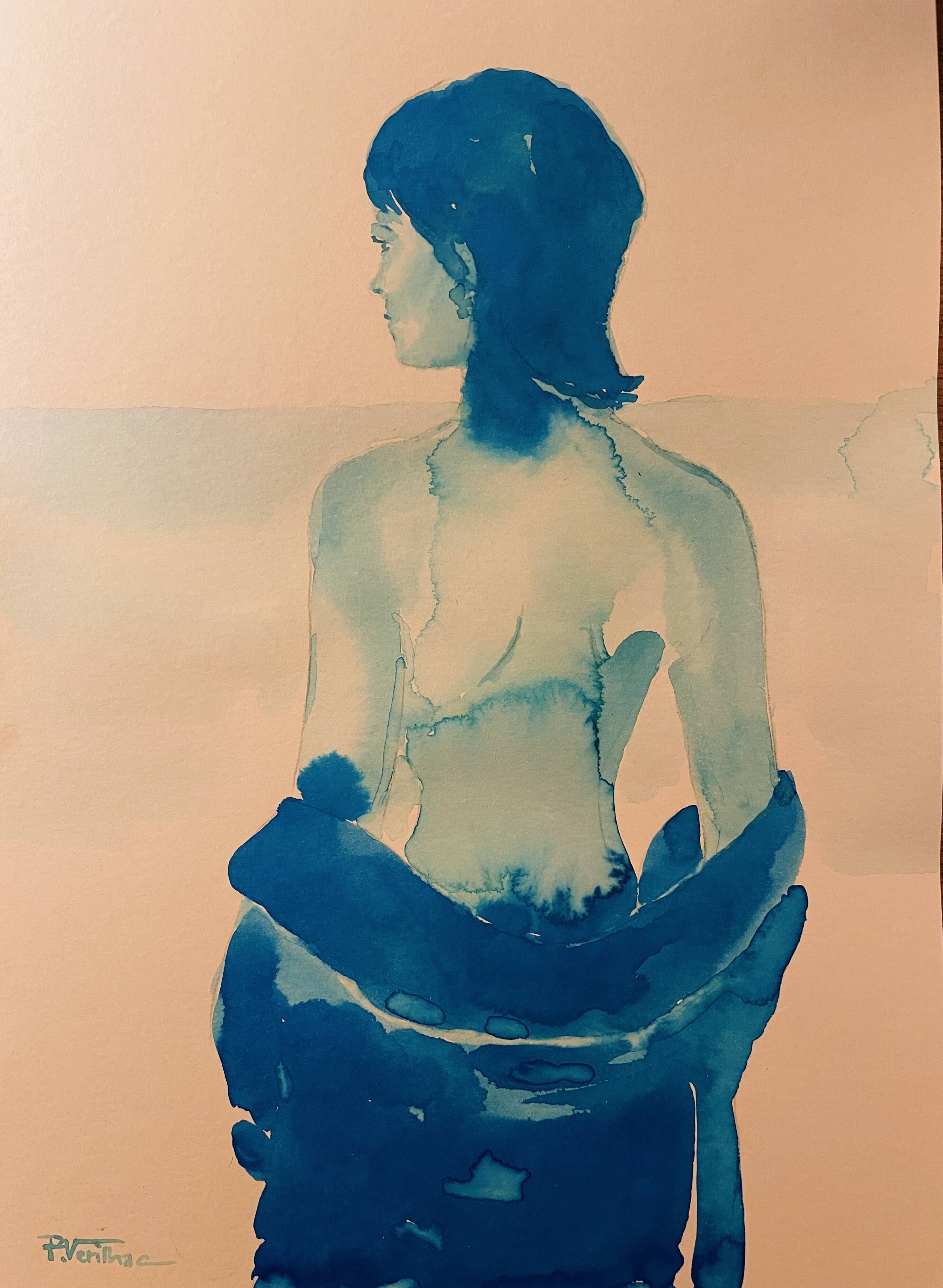 Signed monochrome blue painting of a female portrait "Weekend in Capri" Italy