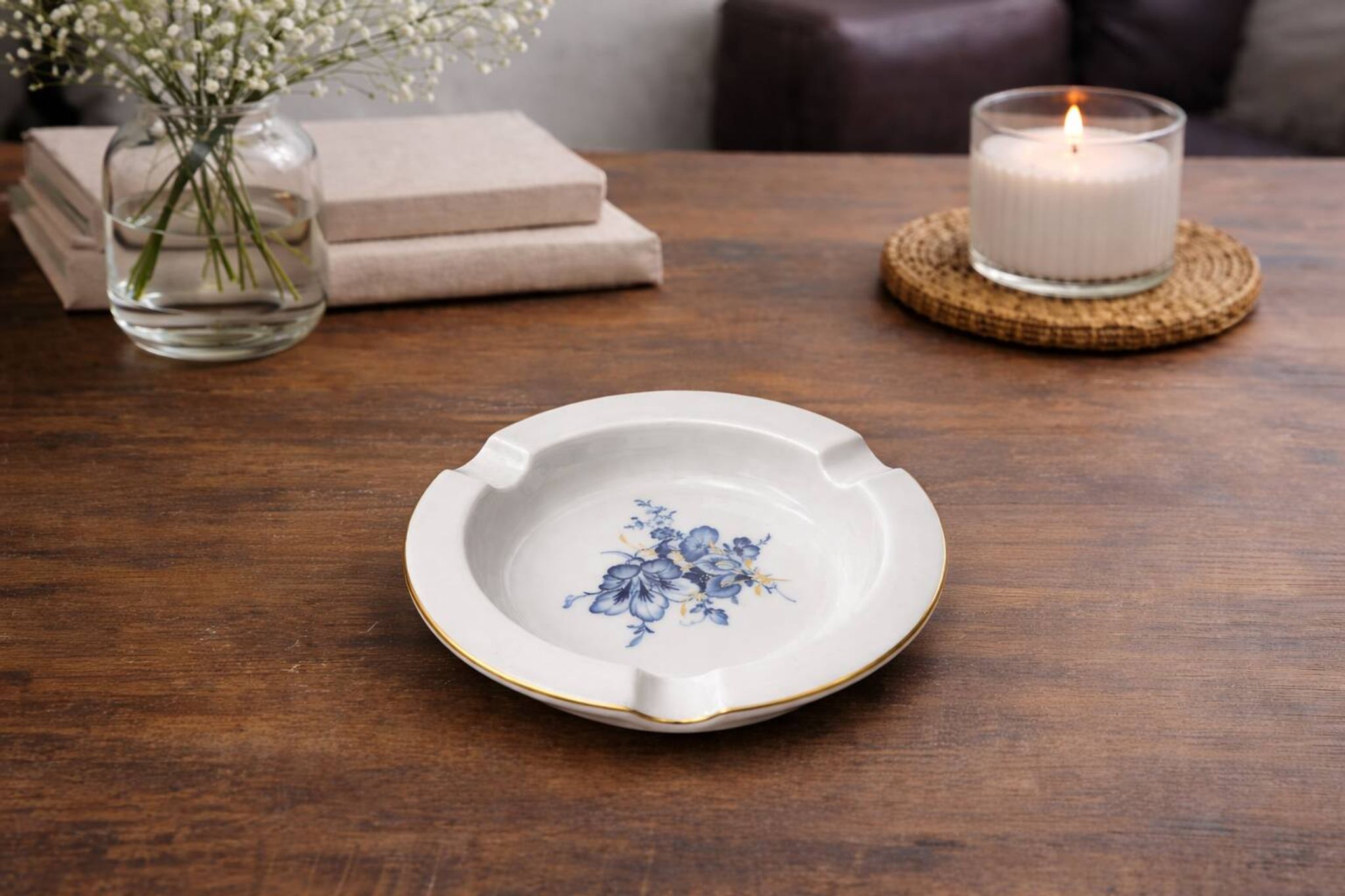 Circular Porcelain Ashtray from Meissen - Blue and Gold Floral Pattern