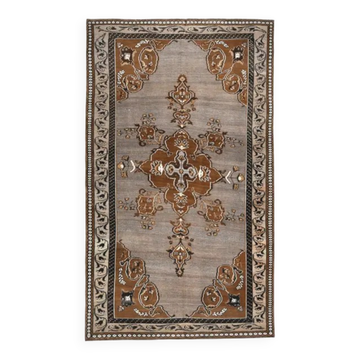 Tapis vintage turc Oushak fait main en laine et coton marron 193x330