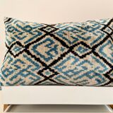 Ikat cushion in blue and black velvet
