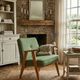 Fauteuil vintage vert mousse, bois de chêne, entièrement restauré