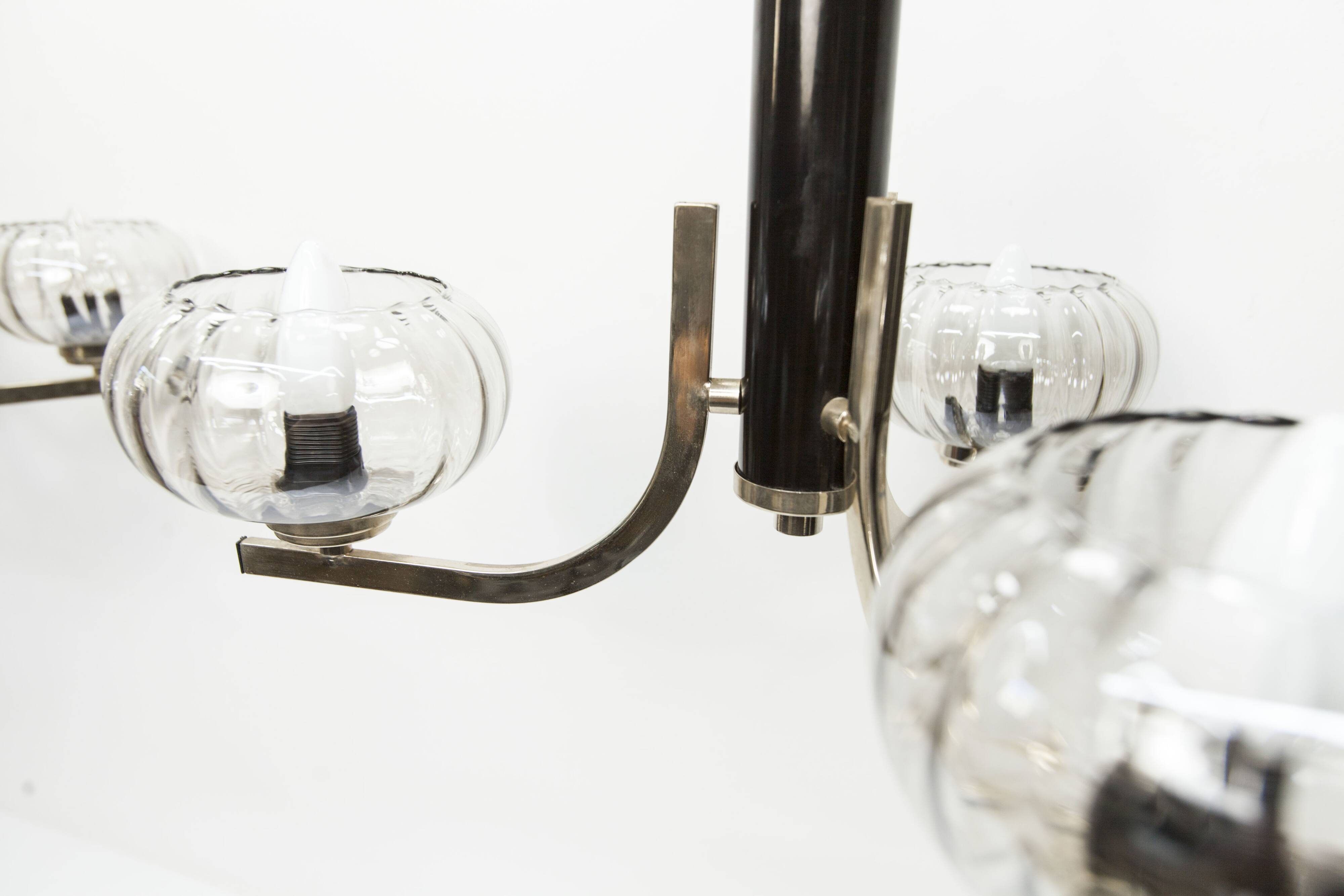 See Delmas chandelier, 3 arms, black and gold, clear glass, 1960