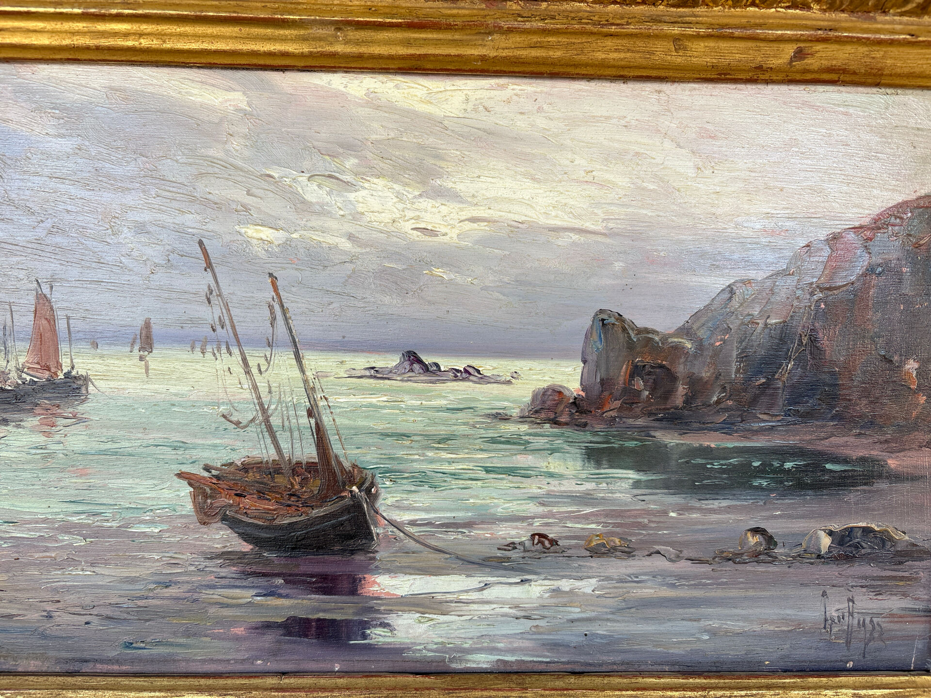 Old marine painting – Oil on panel signed Léo Spanoghe