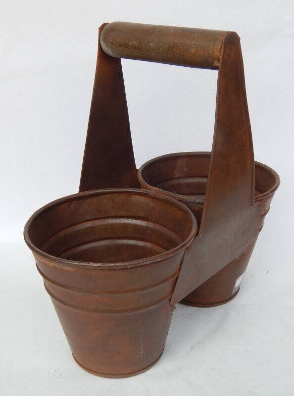 Metal Iron Pot Wooden Handle 2 Compartments Old