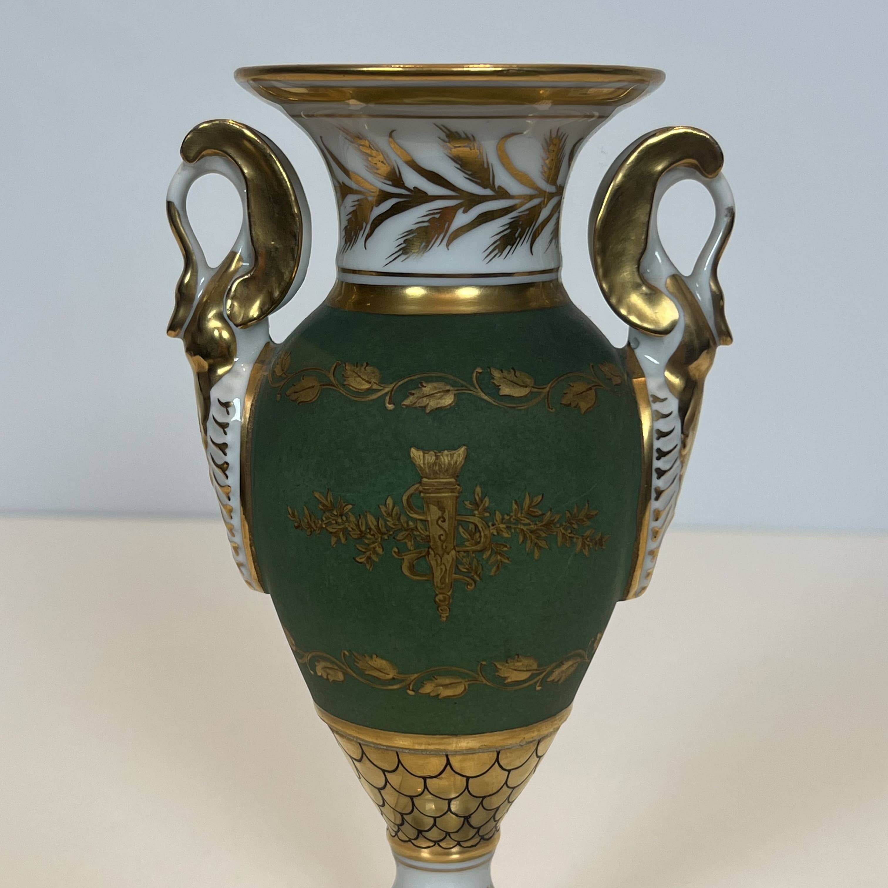 Pair of Empire Style Porcelain Vases, Decorated with Swans and Bundles