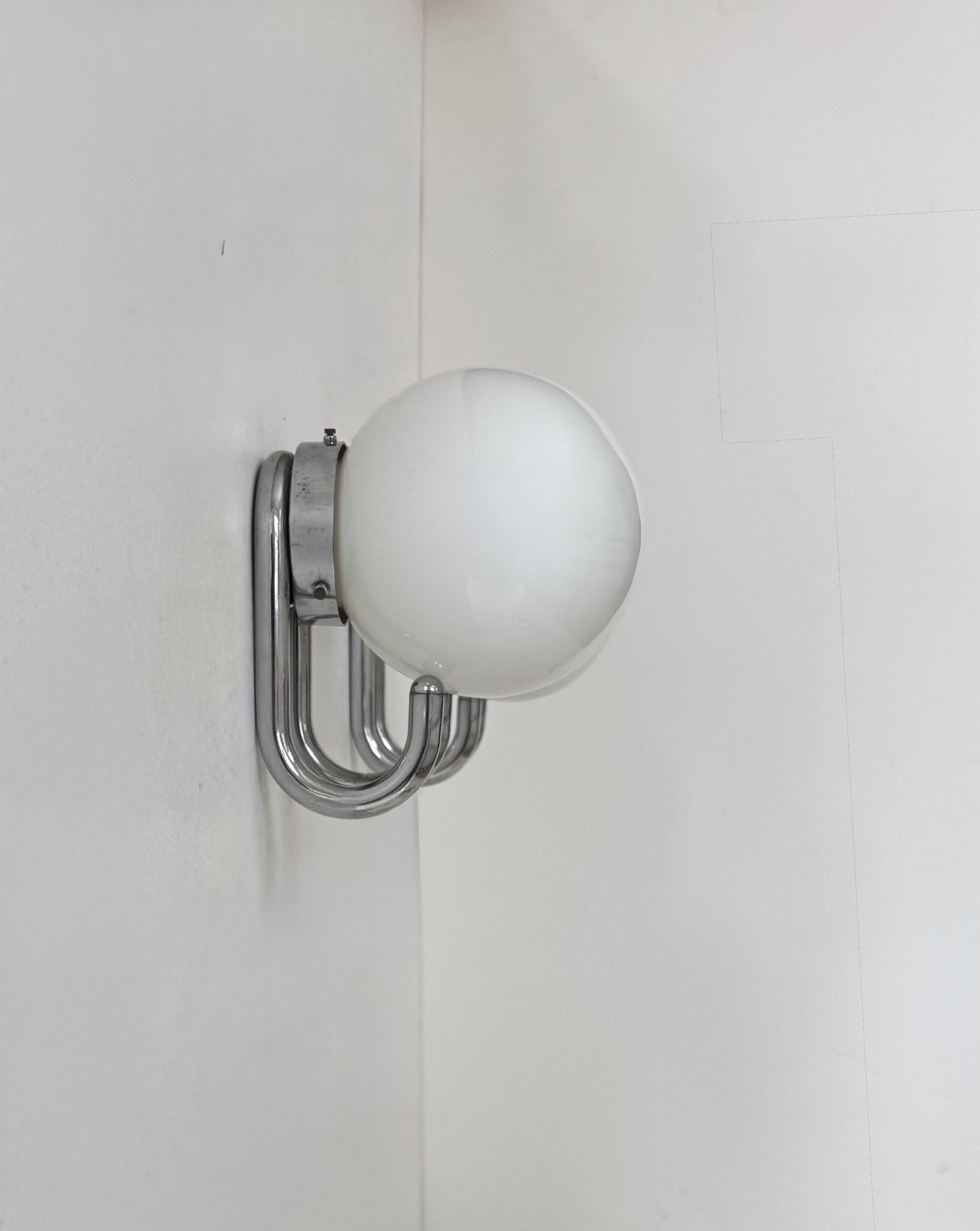 Pair of vintage wall lights, chrome metal and opaline, France, 1960.